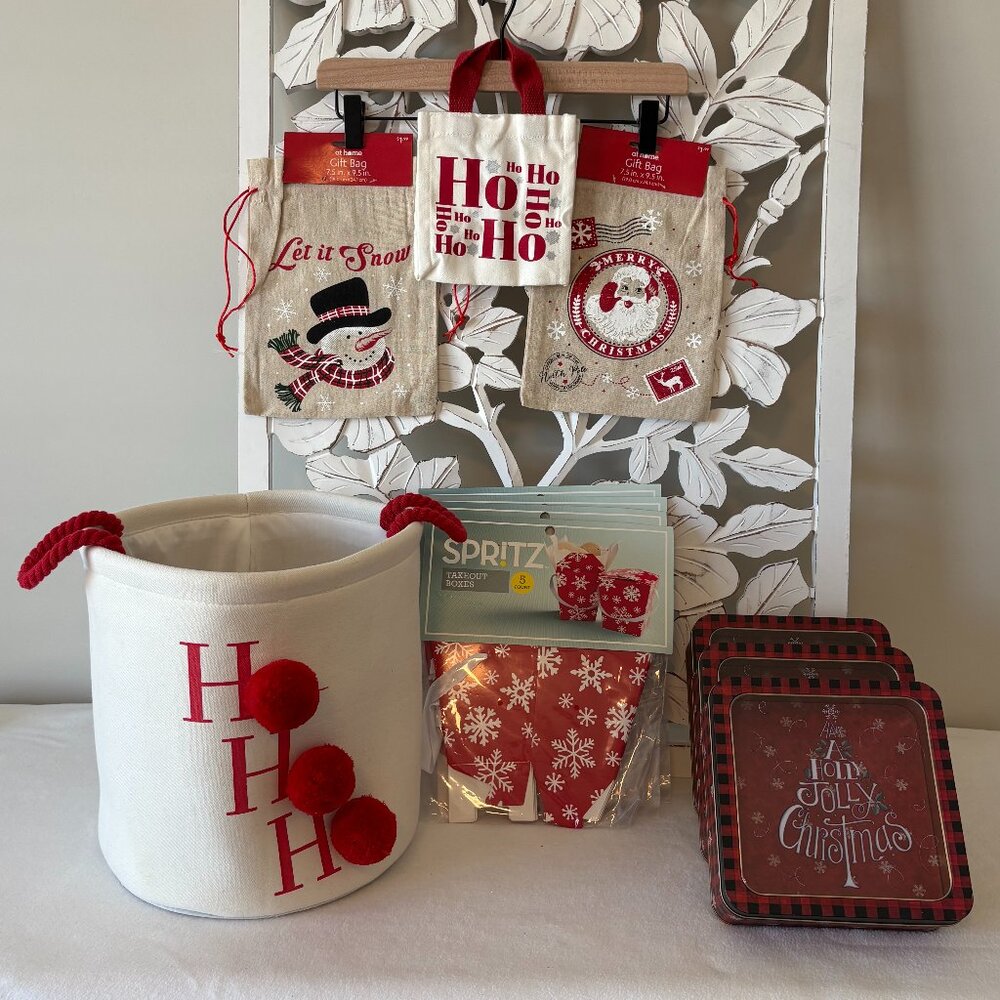 Holiday Gift Basket, Bags and Treat Tins - Set of 11